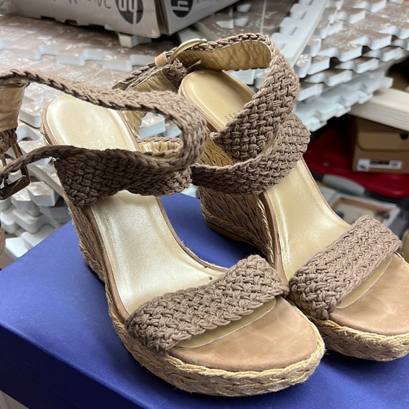 Stuart Weitzman Brown Crochet Wedge Sandals - Picture 1 of 6